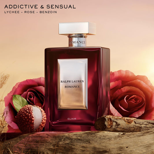 Ralph Lauren Romance Elixir on a reflective surface showcasing warm amber and woods.
