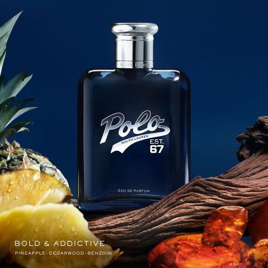 Ralph Lauren Polo 67 bottle side highlights sleek design ideal for gifting.