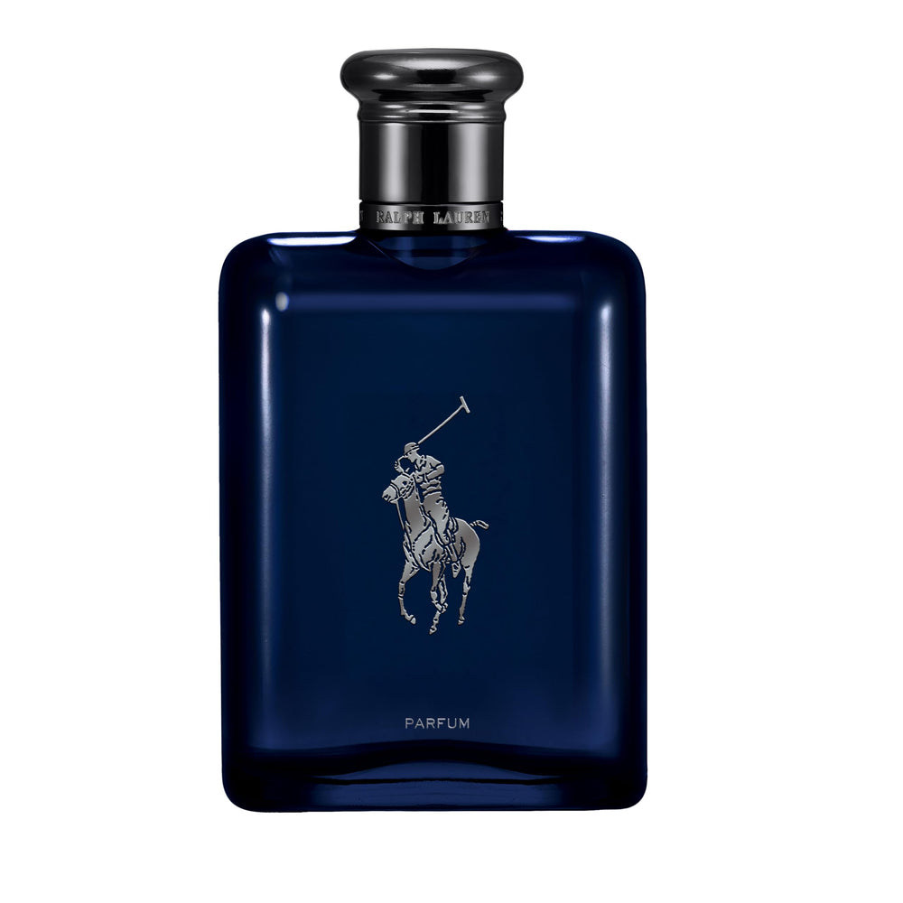 Ralph Lauren Polo Blue Parfum bottle shown, delivers aquatic freshness for everyday wear.