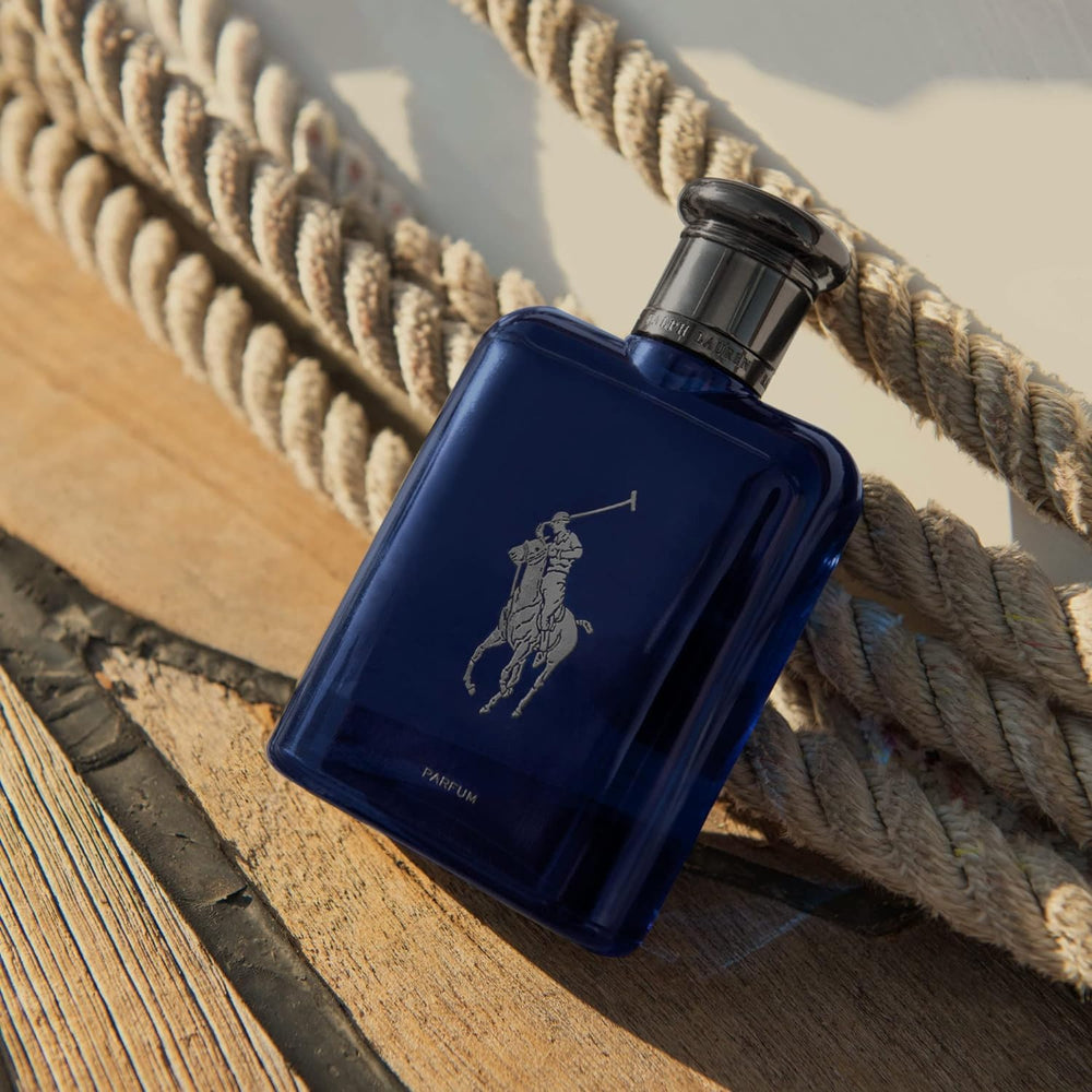 Polo Blue Parfum highlights mandarin, oakwood, and vetiver notes on packaging.