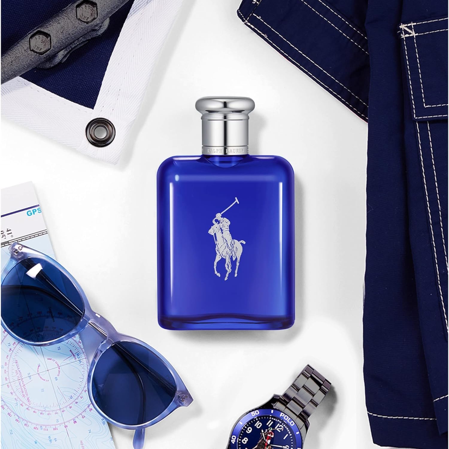Polo Blue gift set packaging highlighting full-size fragrance and travel sizes.