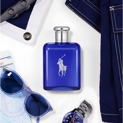 Polo Blue gift set packaging highlighting full-size fragrance and travel sizes.