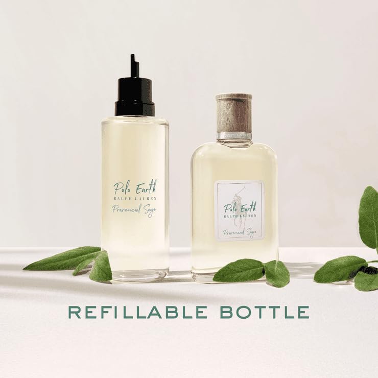 Ralph Lauren Polo Earth Provencial Sage label highlights refill option and premium craftsmanship.