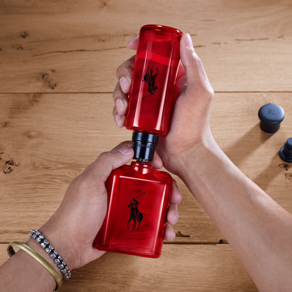 Ralph Lauren Polo Red bottle curved silhouette highlights bold, modern style.