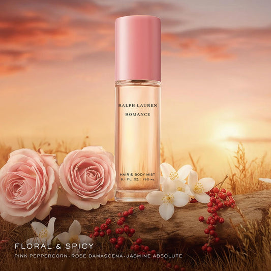 Ralph Lauren Romance hair mist spray nozzle close-up for quick, light refresh.