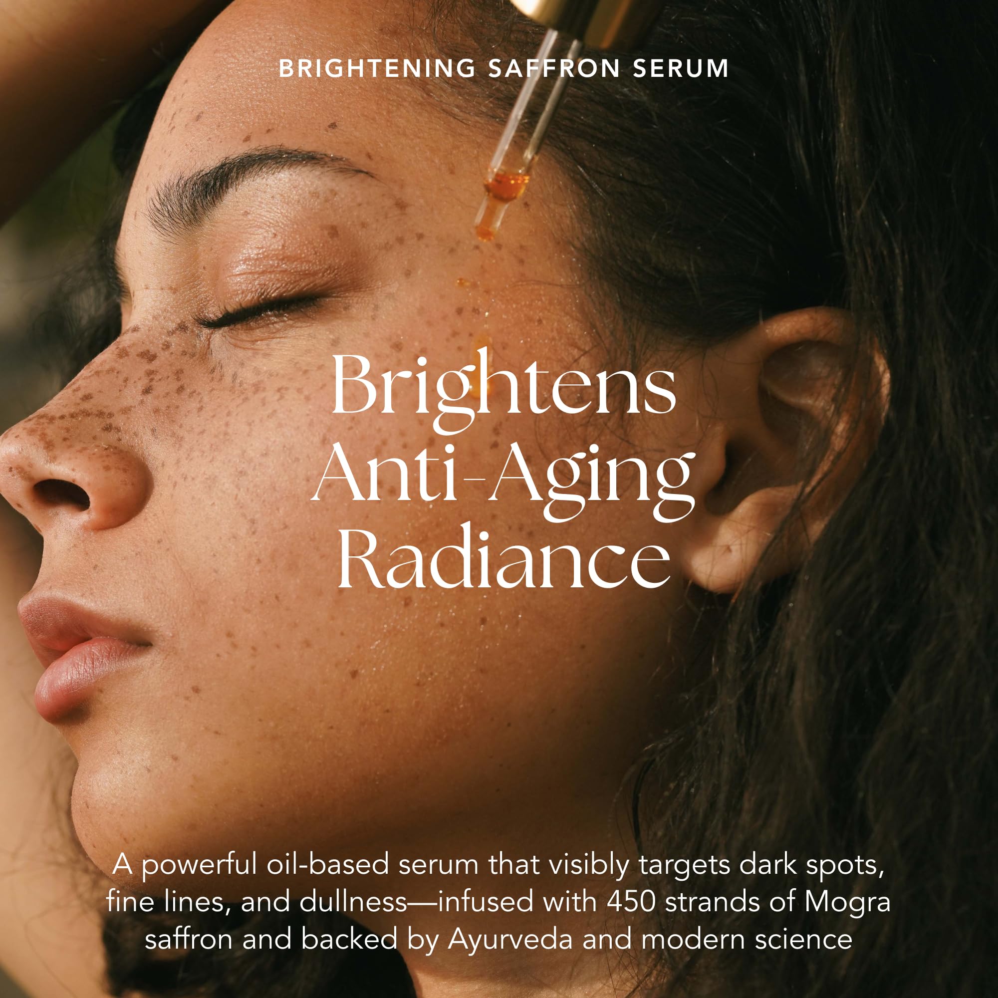 Liquid closeup shows saffron-infused formula ready to brighten pores and texture