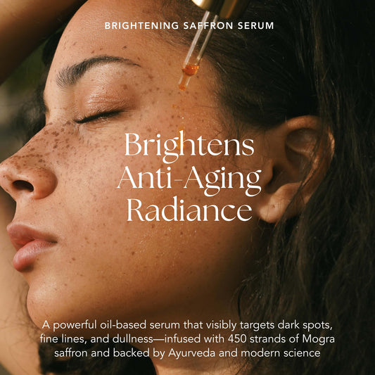 Liquid closeup shows saffron-infused formula ready to brighten pores and texture