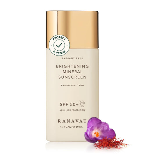 RANAVAT Brightening Mineral Sunscreen bottle front with SPF 50+ protection and clean formula