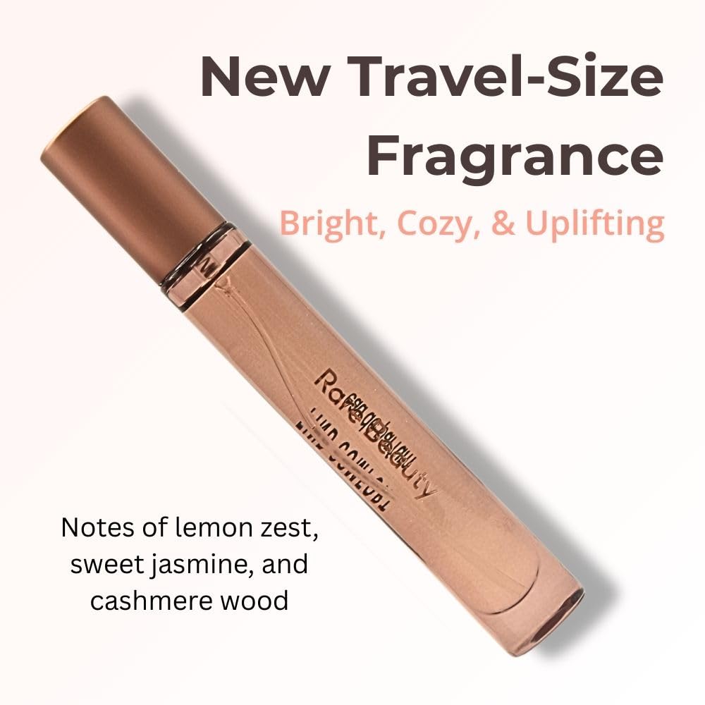 Close-up of Rare Beauty Find Comfort fragrance bottle with lemon and jasmine notes
