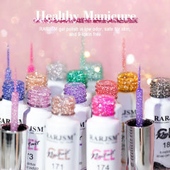 RARJSM twelve-color glitter gel set shown on bottles for nail design.