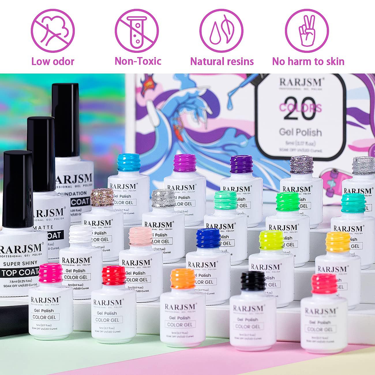 RARJSM gel nail polish color swatches from pastel to neon for versatile nail art options