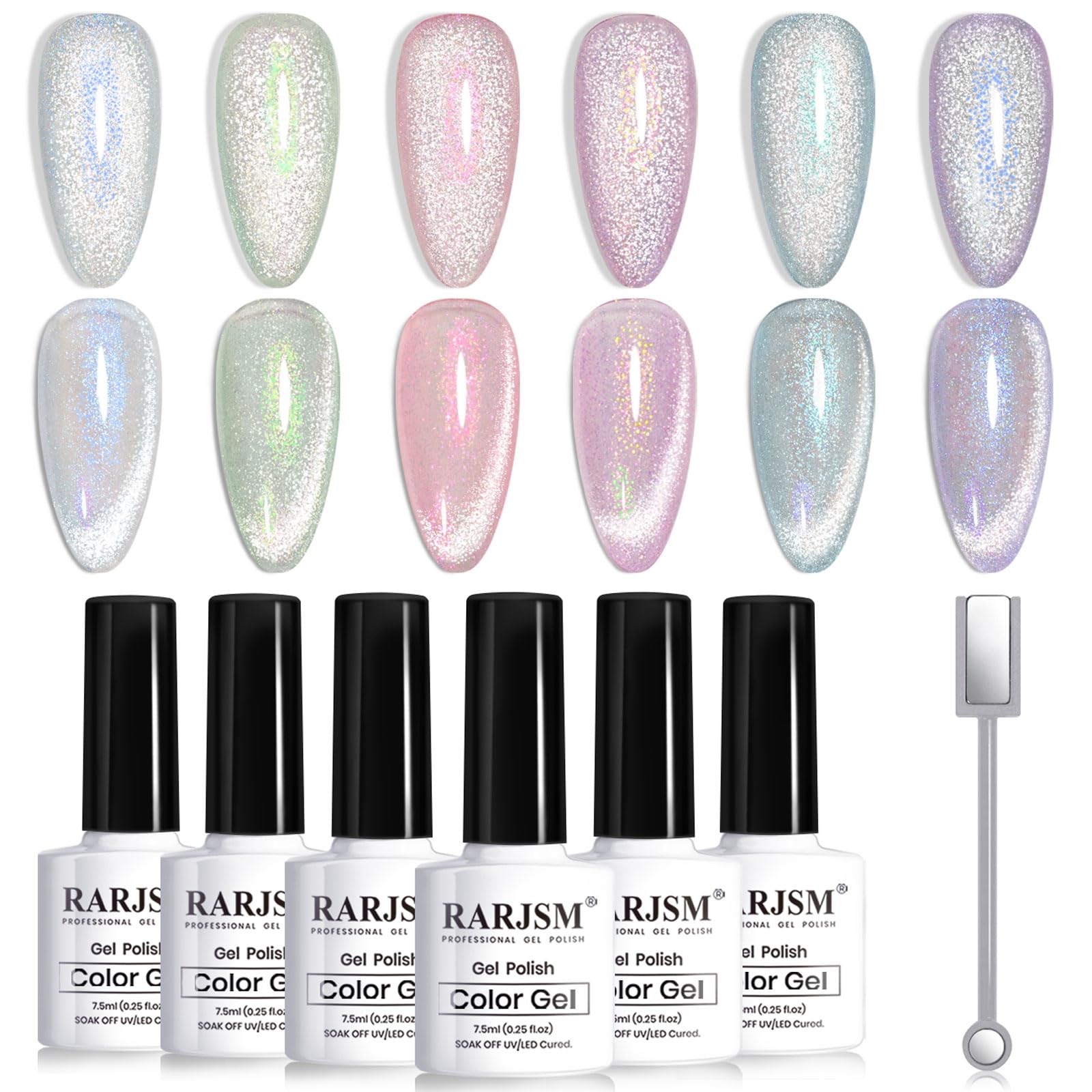 RARJSM Aurora Mermaid Cat Eye Palette shows six velvet glitter shades for shimmering nails.