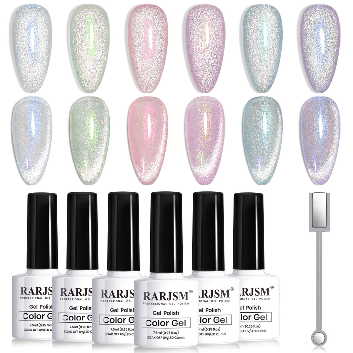 RARJSM Aurora Mermaid Cat Eye Palette shows six velvet glitter shades for shimmering nails.