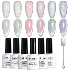 RARJSM Aurora Mermaid Cat Eye Palette shows six velvet glitter shades for shimmering nails.