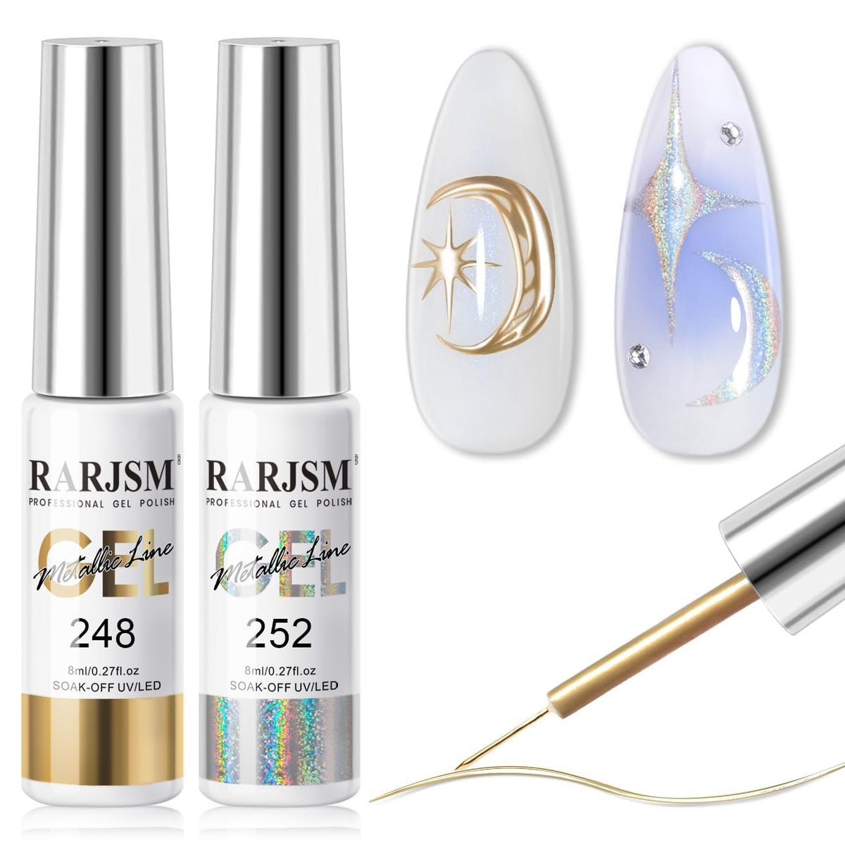 RARJSM metallic chrome gel liner in silver-bronze glow for chic nail art.