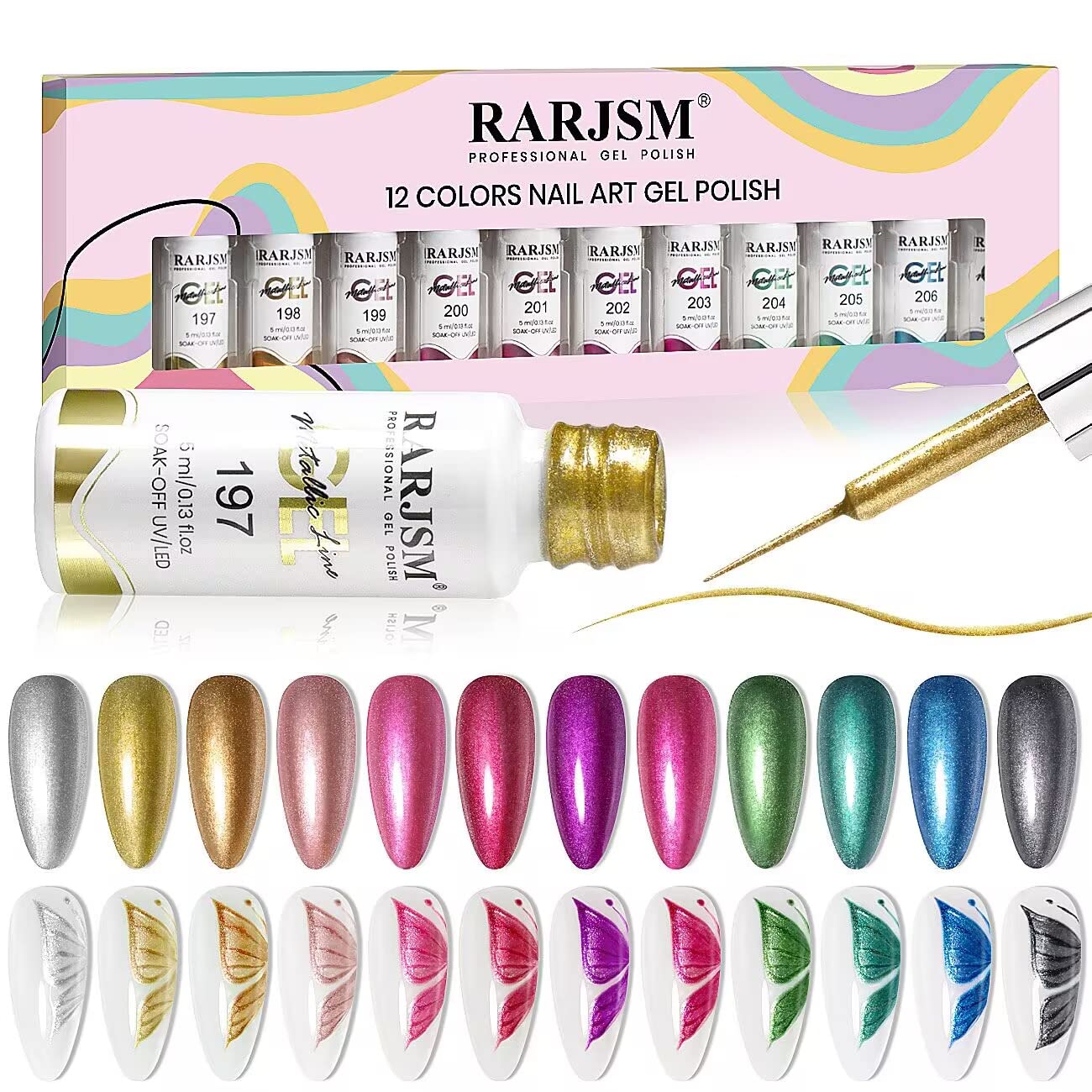 RARJSM metallic gel liner in black for crisp nail art design and precision detailing