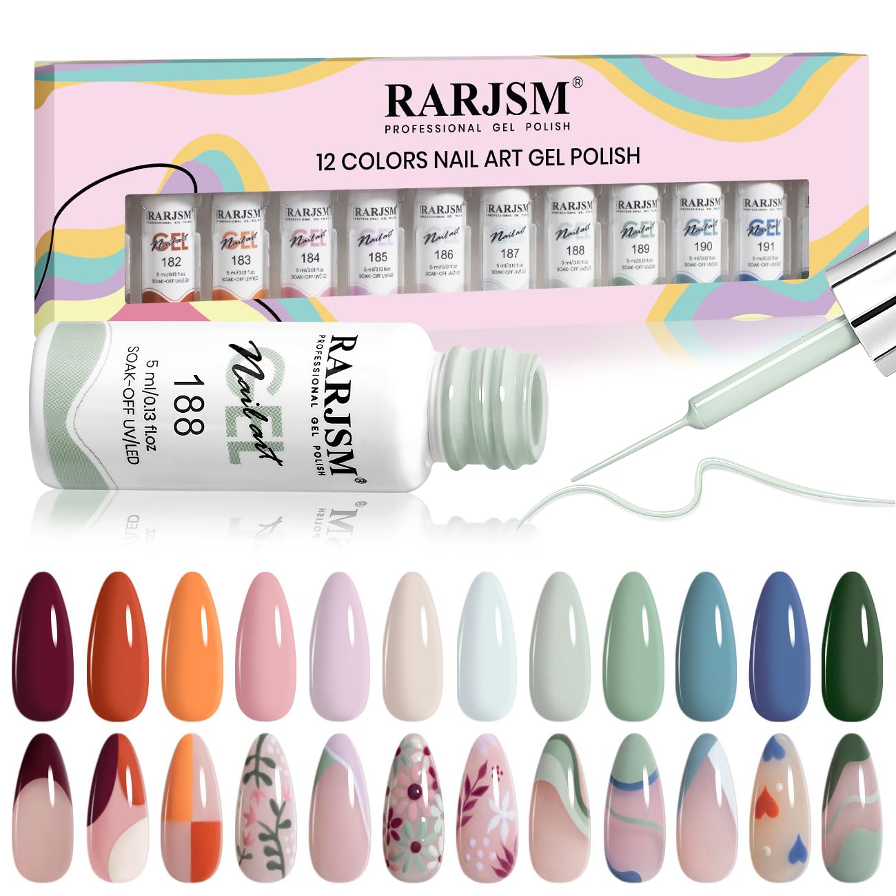 RARJSM nail art gel liner 12-color collection for versatile line work.