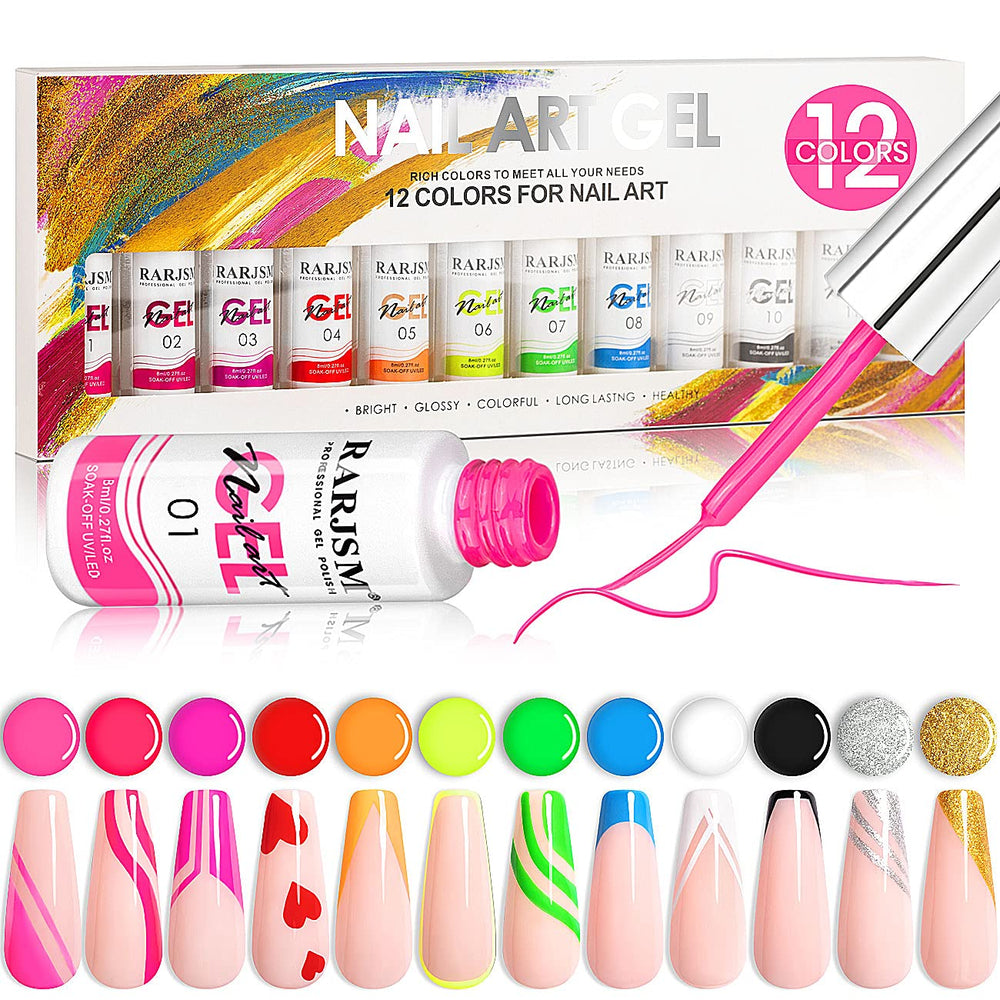 RARJSM Painted Gel Nail Polish Set with neon pink line-art for precise designs