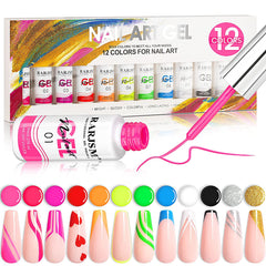 RARJSM Painted Gel Nail Polish Set with neon pink line-art for precise designs