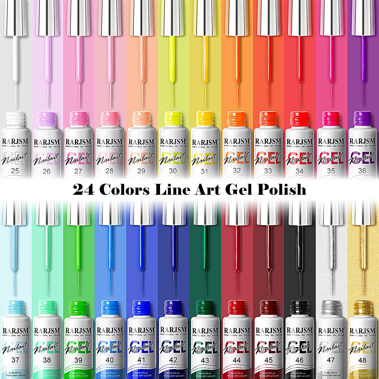RARJSM pink blue green sparkles collection bottle with built-in brush for detailed nail art