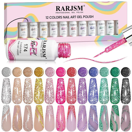 RARJSM reflective glitter gel liner close-up on nails with diamond-like sparkle.