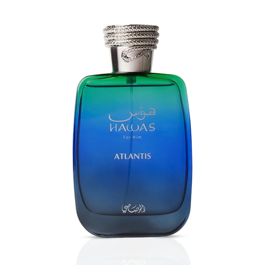 RASASI Hawas Atlantis bottle top notes close-up highlighting lemon and bergamot energy.