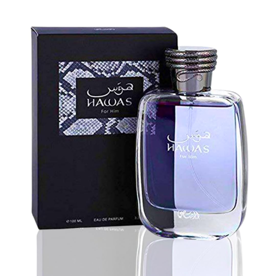 Rasasi Hawas for Men bottle front showcases a bold, everyday fragrance appeal