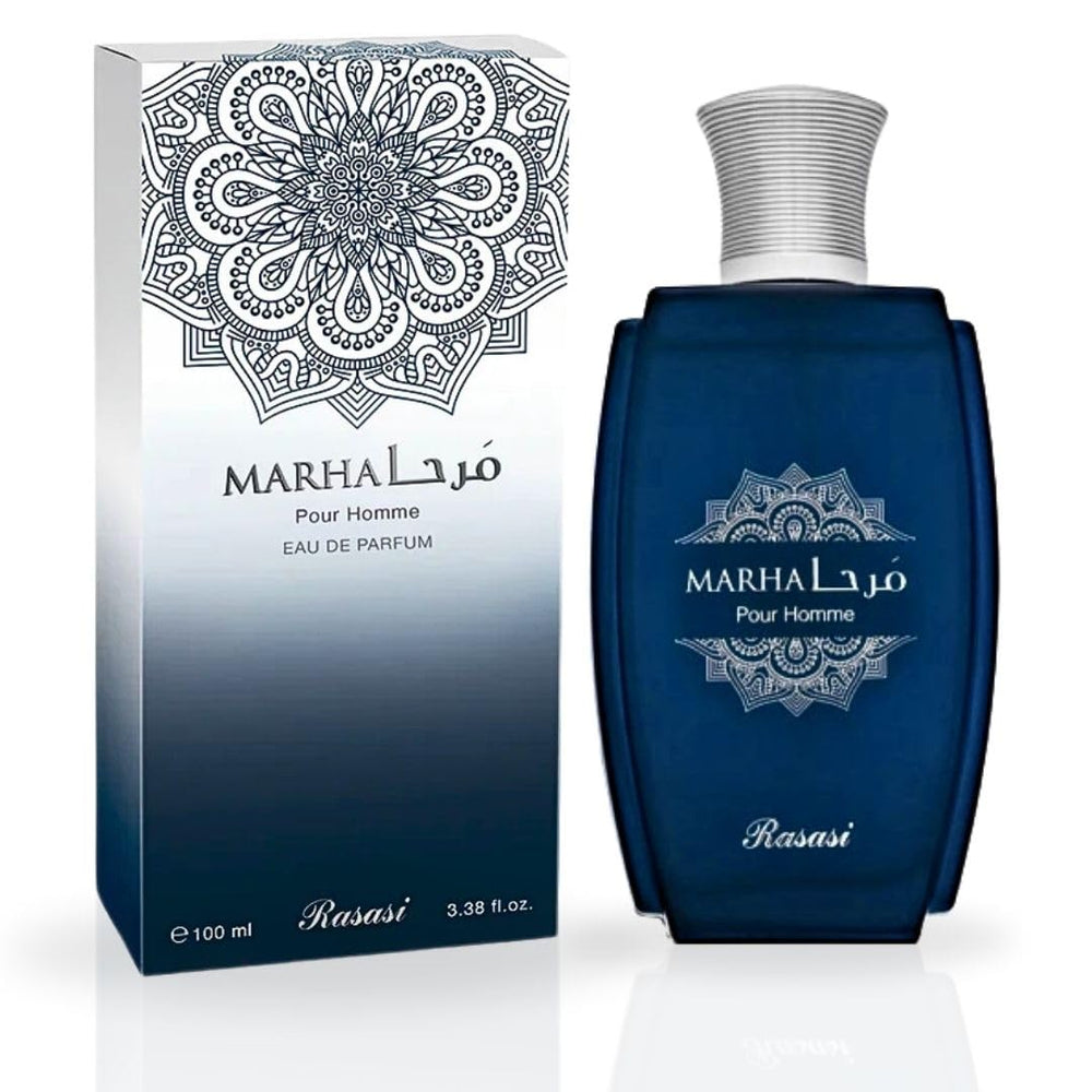 RASASI Marha EDP bottle front; bold masculine scent for confident daytime wear.
