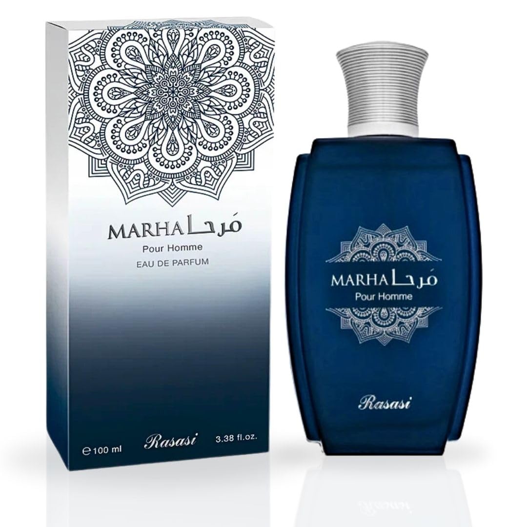 RASASI Marha EDP bottle front; bold masculine scent for confident daytime wear.