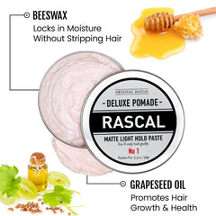 Hands applying Rascal Deluxe Pomade for natural hold