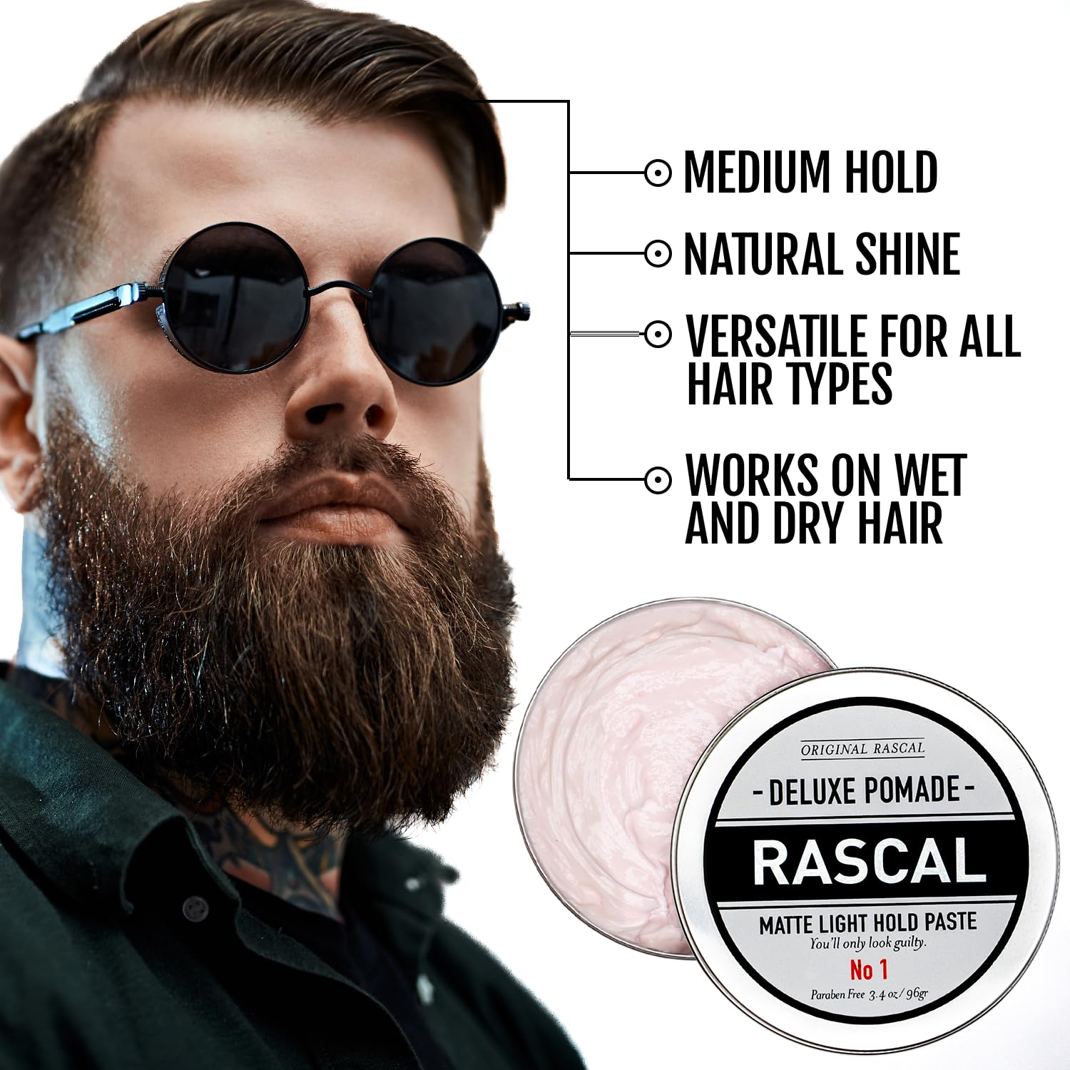Rascal Deluxe Pomade jar close-up showing beeswax and grapeseed oil formula
