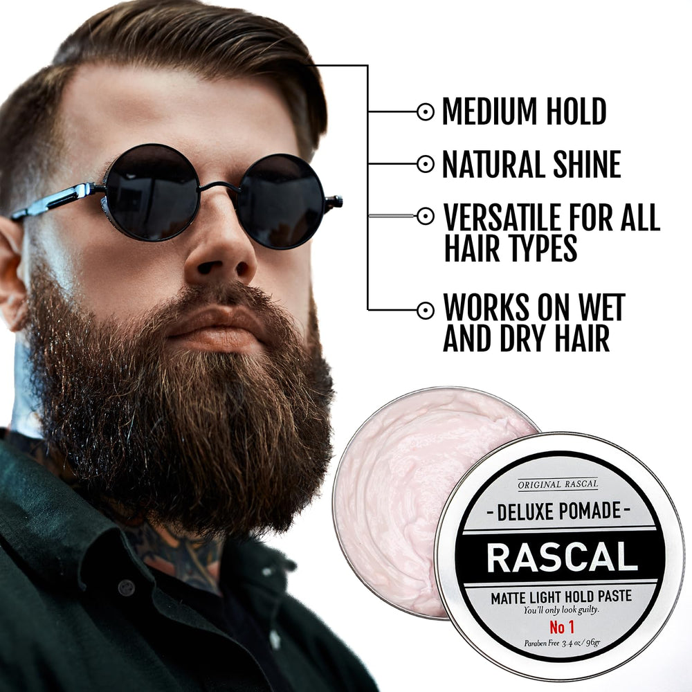 Rascal Deluxe Pomade jar close-up showing beeswax and grapeseed oil formula