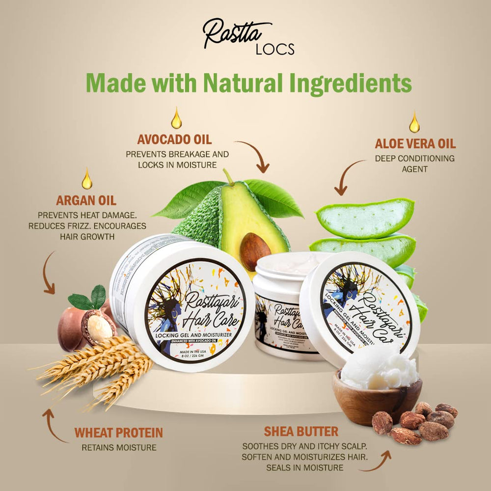 Rasttafari Locs Gel ingredients list with avocado and argan oils