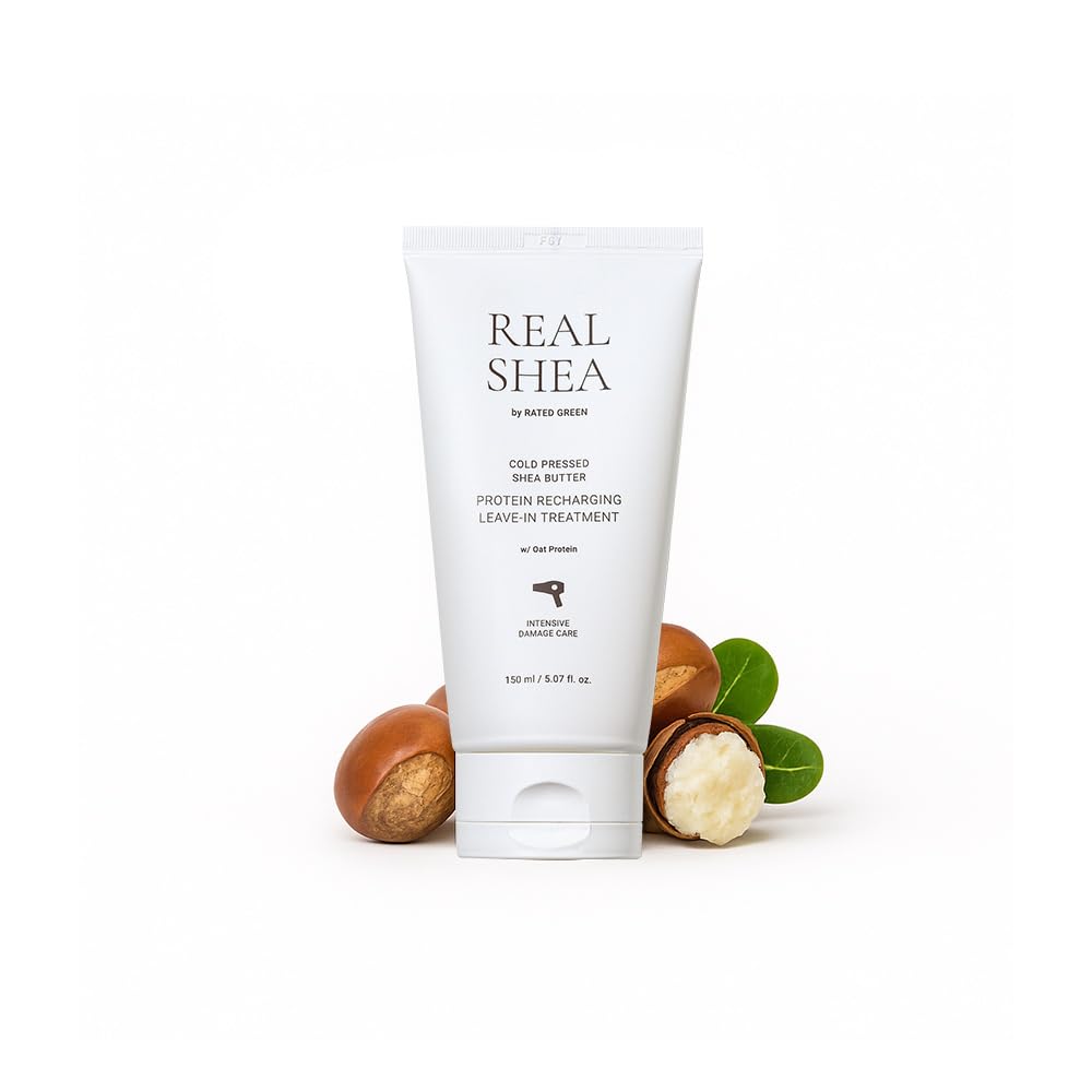 Rated Green Real Shea Protein Recharge leave-in bottle delivers premium conditioning for dry hair.