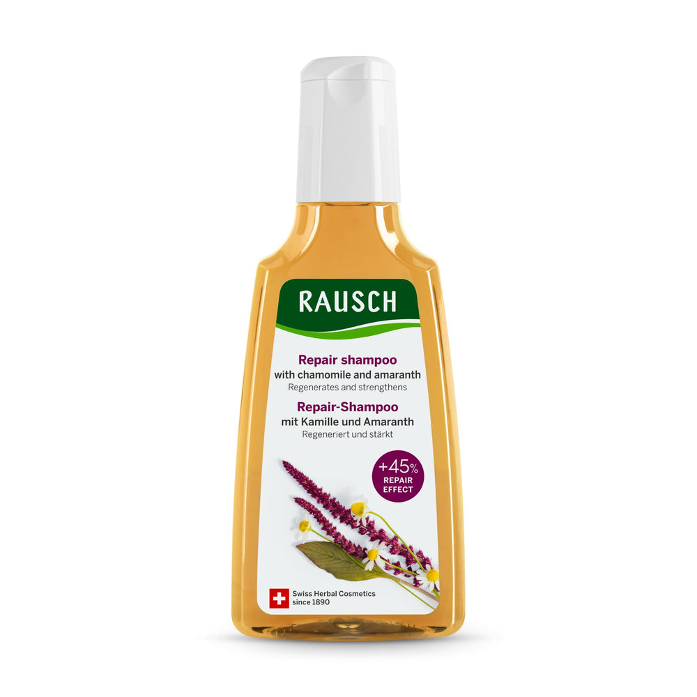 Rausch Chamomile-Amaranth Repair Shampoo bottle highlighting gentle repair for damaged hair
