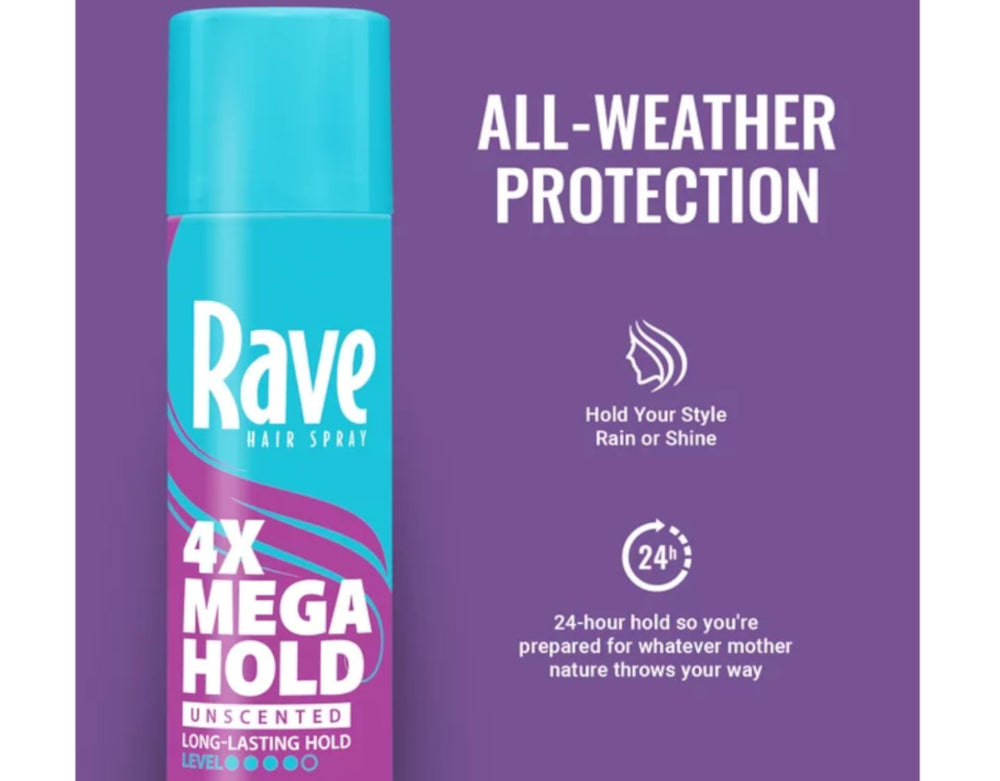 Rave Hairspray 4X Mega Unscented collection showcases long-lasting, fragrance-free hold.
