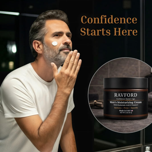 RAVFORD bottle cap close-up highlights quick-absorb routine with no residue