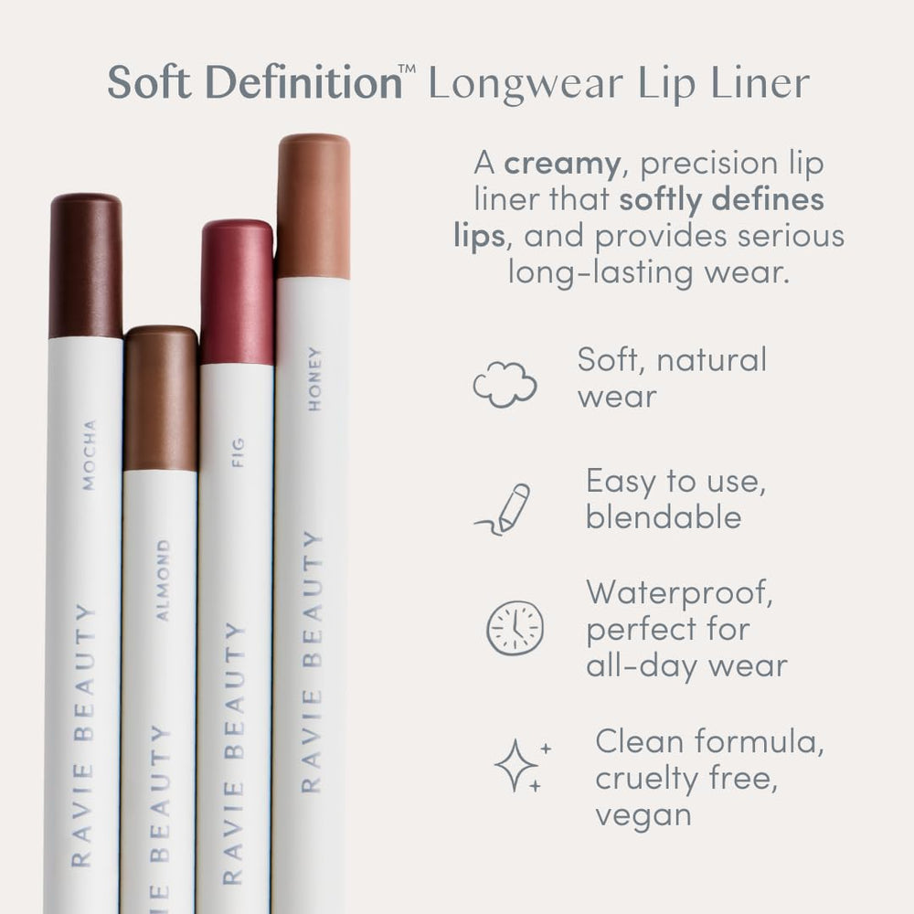Ravie Beauty Soft Definition Lip Liner Honey packaging display, vegan and cruelty-free credentials.