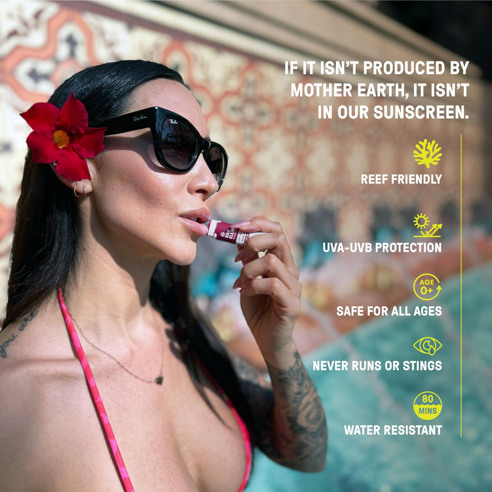 Raw Elements lip care on sunlit days for gentle pink shimmer.