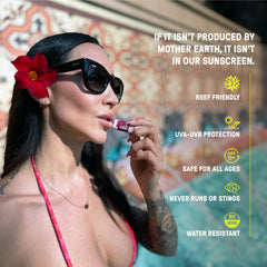 Raw Elements lip care on sunlit days for gentle pink shimmer.