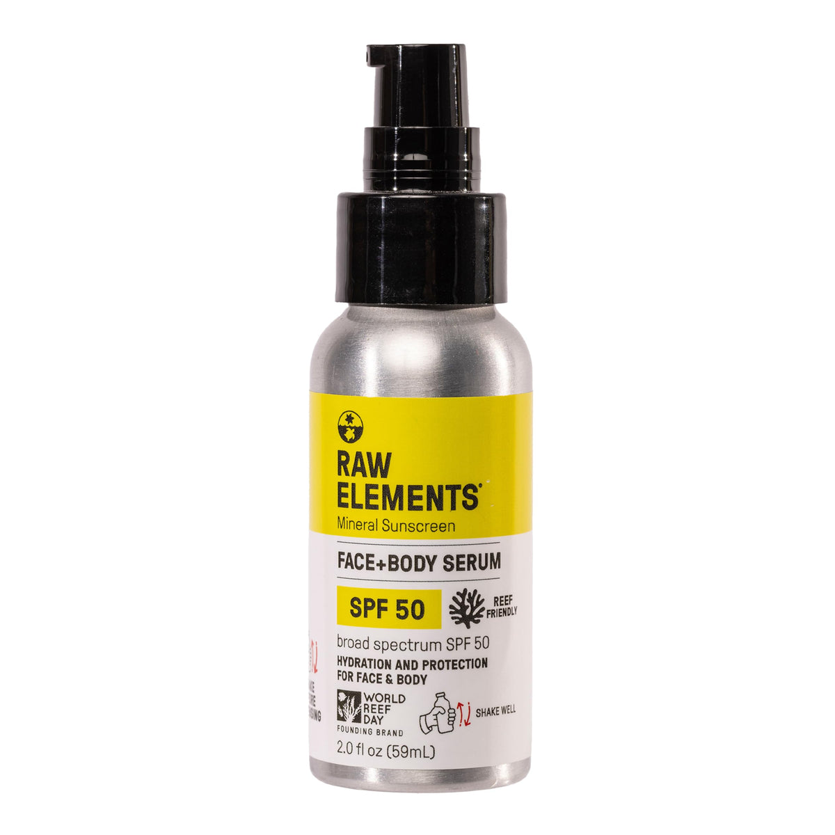 Raw Elements Face + Body Serum SPF 50 front bottle for daily protection