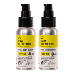 Raw Elements Face and Body Serum SPF 50 packaging for eco-friendly travel sun protection.