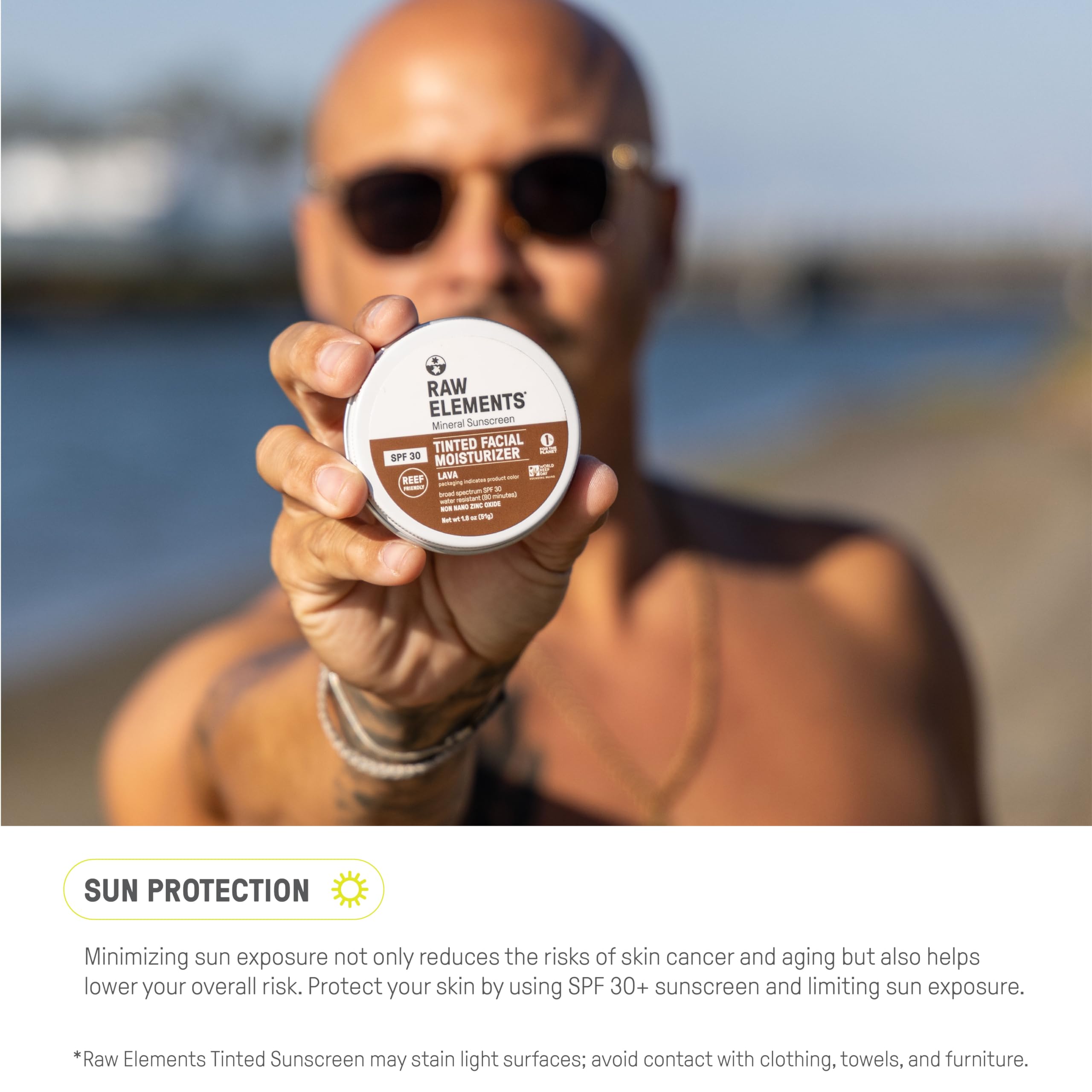 Raw Elements island tint bottle labeled SPF 30 and water resistant.