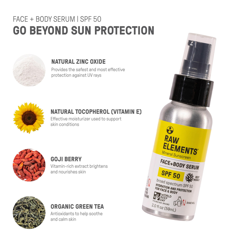 Raw Elements reef-safe mineral formula protects skin without harming marine life.