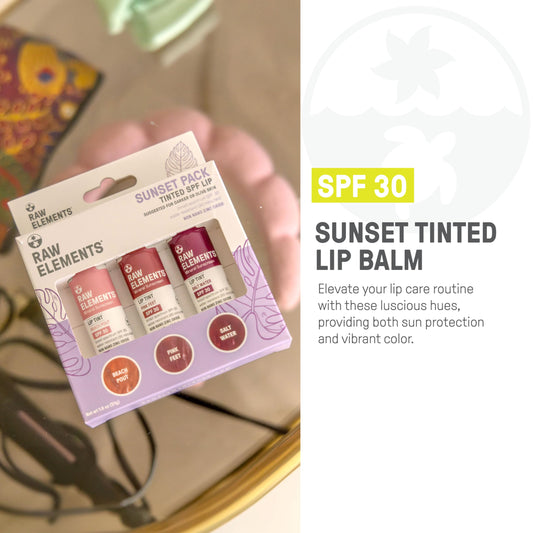 Raw Elements lip tint with mineral sunscreen for outdoor color and care.