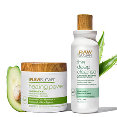 Raw Sugar Deep Cleanse Shampoo bottle offering a clarifying cleanse for buildup-free hair.
