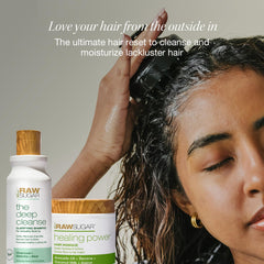 Raw Sugar Deep Cleanse Shampoo with charcoal and matcha swirl for impurity removal.