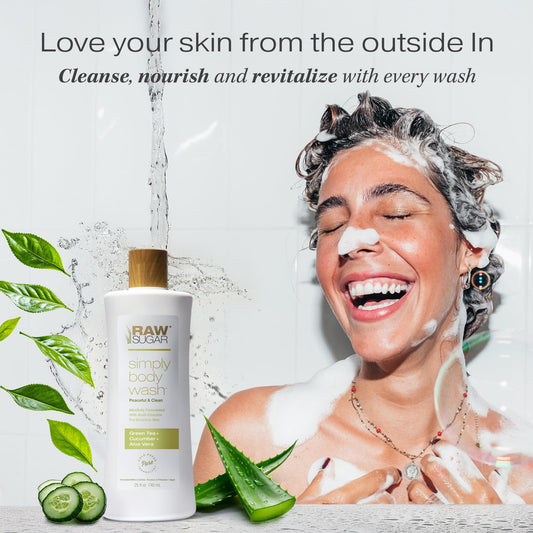 RAW SUGAR Green Tea Aloe Soother back label highlights vegan and paraben-free formula.