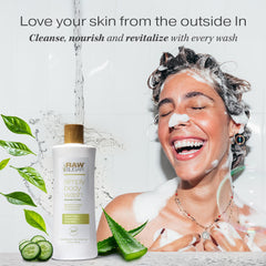 RAW SUGAR Green Tea Aloe Soother back label highlights vegan and paraben-free formula.