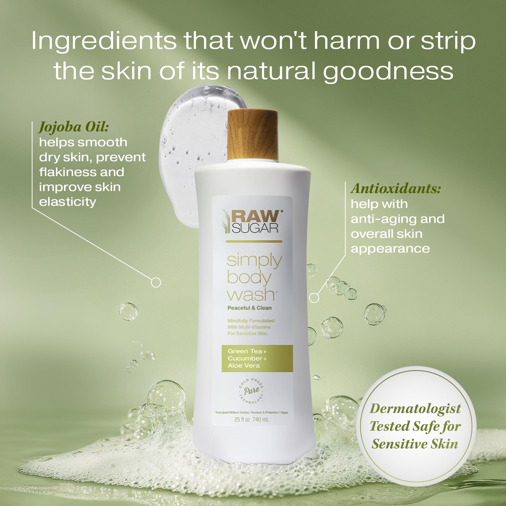 RAW SUGAR Green Tea Aloe Soother pour bottle showing creamy, hydrating lather.